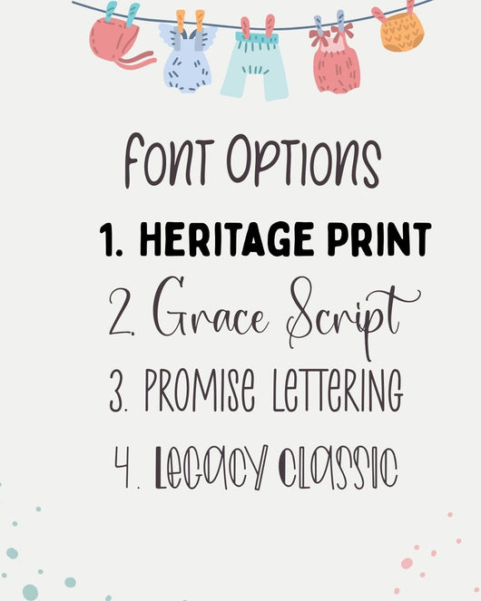 Font options displayed with children's clothing on a line in the background