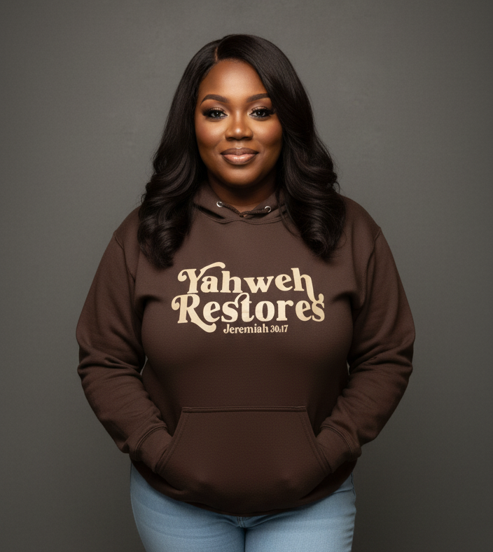 Person wearing a brown hoodie with 'Yahweh Restores' text on a gray background