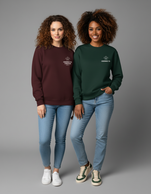 Two women wearing maroon and green sweatshirts with a logo, standing against a gray background.