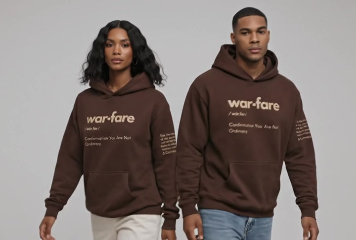 two people wearing a brown hoodie with words warfare confirmation you are not ordinary 